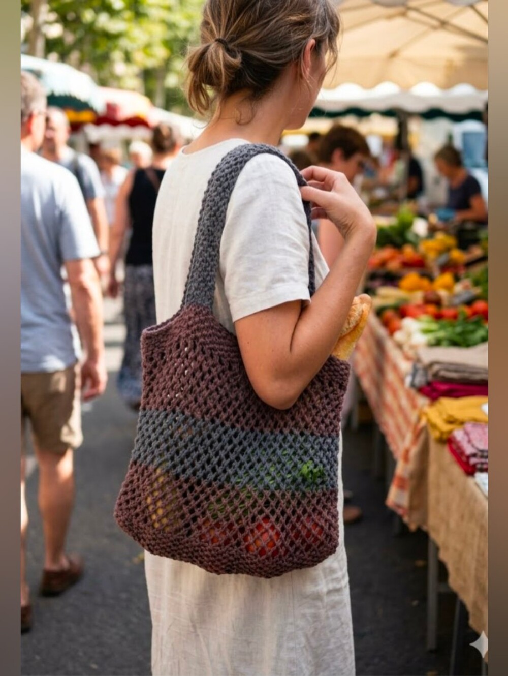 Hand Knit Slouchy Market Tote Bag Gray Brown Stripe